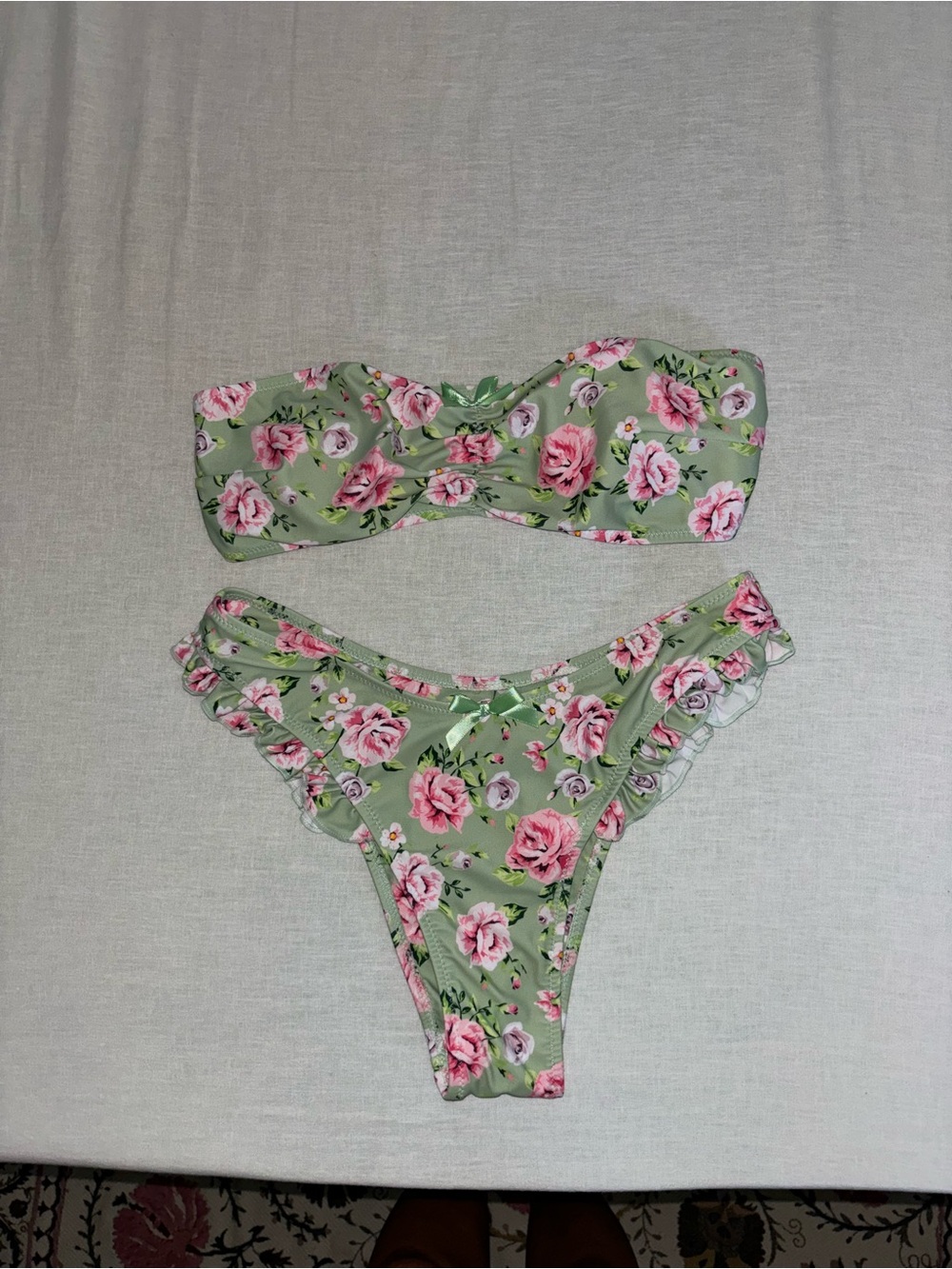 SHEIN Light Green Floral Bandeau Bikini Set with Pink Roses